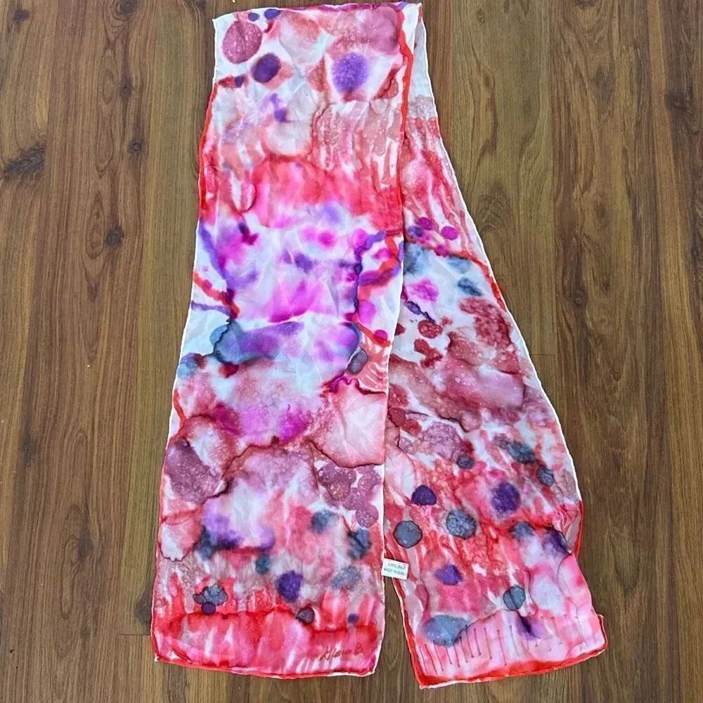100% silk pink watercolor scarf lightweight thin